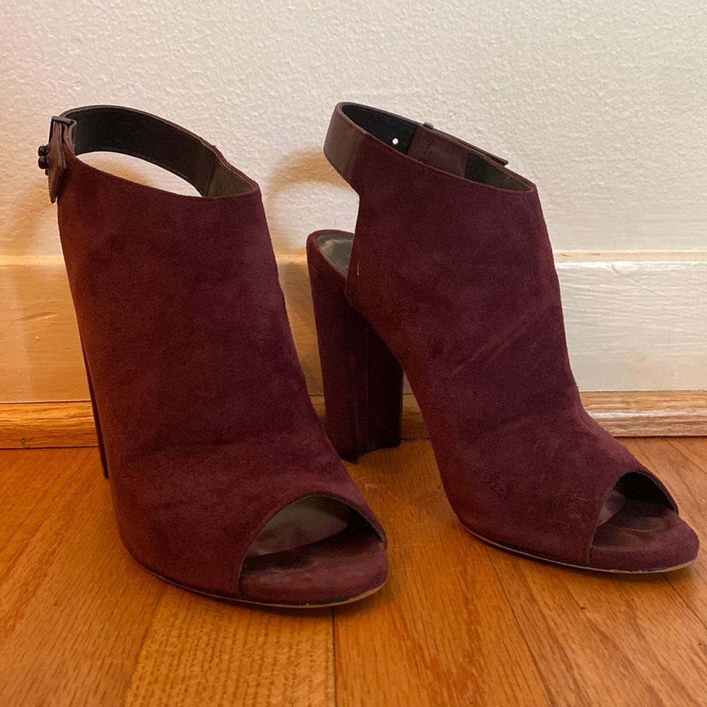 Wine, suede, sling-back 4.25” booties size 6.